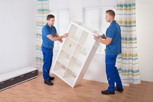 Professional movers handling bulky furniture in an East London street