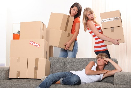 Packed office furniture and equipment ready for relocation