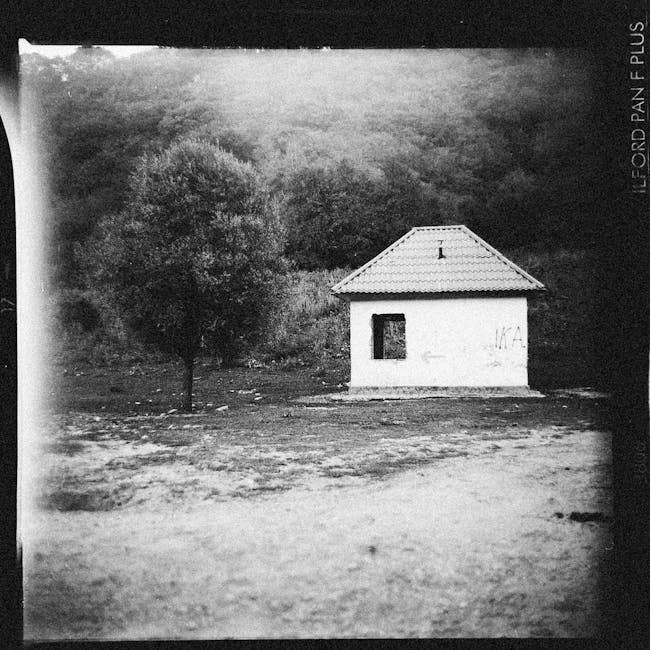 A black and white photograph depicting a small single-story house with a gabled tiled roof situated in an open area. The house has one visible window on the front facade and appears to be uninhabited or vacant, with no curtains or signs of activity. To the left of the house, there is a small tree with a sparse canopy, and behind the house, there are larger, densely foliaged trees on a slight hill, creating a natural backdrop. The ground surrounding the house is uneven with patches of bare earth and some scattered stones or debris, indicating an undeveloped or rural setting. The lighting appears natural, possibly taken outdoors during daylight. This photograph is displayed on an old photographic plate, with the edges slightly visible, suggesting it is part of a historical documentation or archive related to house structures or rural scenes. The scene alone does not show any moving or packing activity, but given the context of removals and the presence of a house, it may relate to home relocation or transport processes. Removals Ilford occasionally handles such properties when planning home moves in the Ilford area, as indicated on their website.